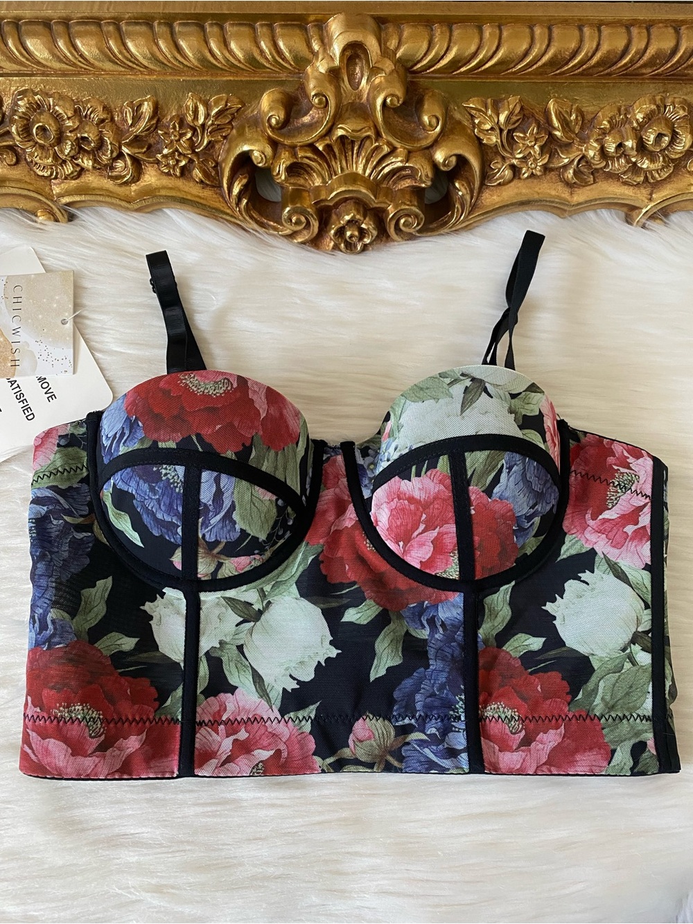Chic Wish Floral Mesh Bustier Crop Top